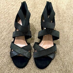 Black and silver straps with 2.5 inch heel sandal